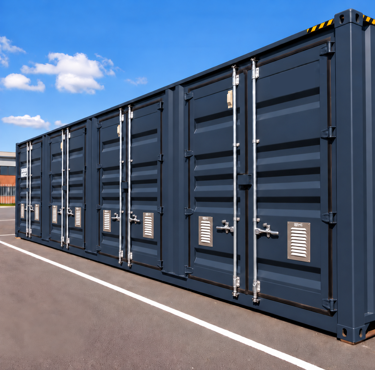Dark blue shipping container with multiple BigAir vents under a blue sky